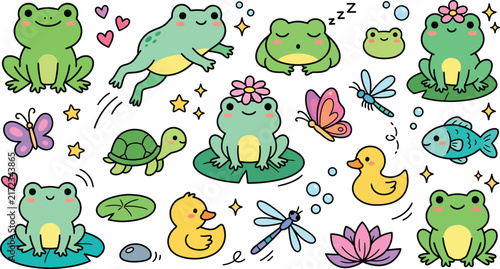 Cute frog pond doodle collection with hand drawn aquatic animals and nature elements