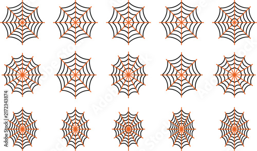 Set of fifteen different spider web illustrations in black and orange colors for halloween design projects