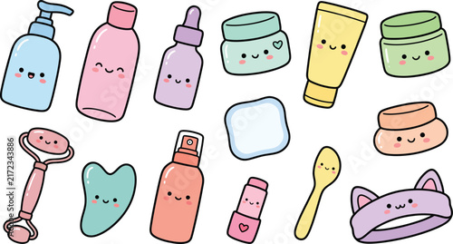 Hand drawn skincare doodle set with beauty icons and cosmetic elements for design projects.