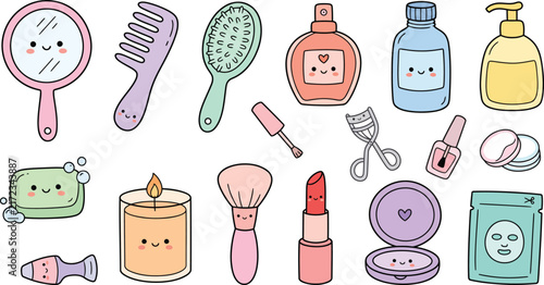 Kawaii beauty doodle set with makeup icons and cute fashion elements for creative design