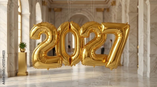 Golden foil number balloons displaying 2027 in an elegant interior setting
