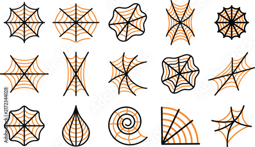 Set of various hand drawn spider web illustrations isolated on a white background for halloween design elements