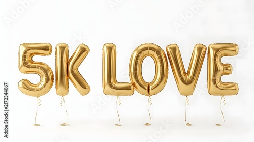 Golden balloons spelling 5k love on a clean white studio background