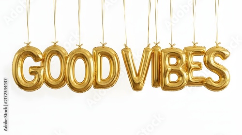 Golden balloon letters spelling out good vibes hanging from the ceiling