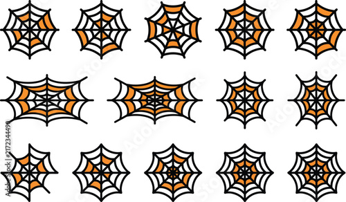 Collection of various orange and black spider web designs isolated on a white background for halloween decoration