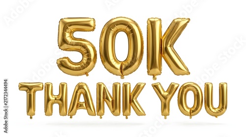 Golden balloons spelling fifty thousand and thank you message on white background