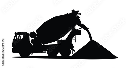Concrete Mixer Truck Pouring Into Pile Black Silhouette cement mixing
