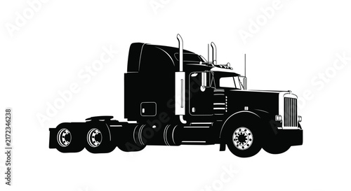 Semi truck Silhouette Against White Background Detailed Black Shape tractor trailer eighteen wheeler