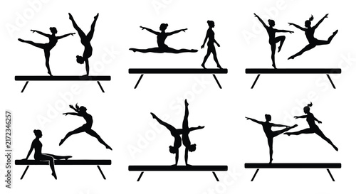 Gymnasts performing on balance beam black silhouettes on white background