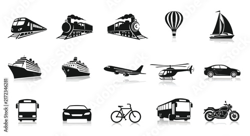 Transportation Vehicle Silhouettes With Reflections On White Background Silhouette vehicles