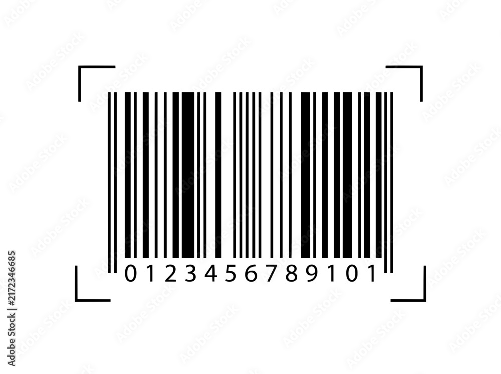 Obraz premium Barcode vector icon with scanning frame, black product code with numbers 0123456789101, retail identification symbol for commerce