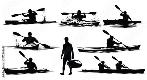 Kayaks And Paddlers In Black Silhouette Style kayak paddler canoeing
