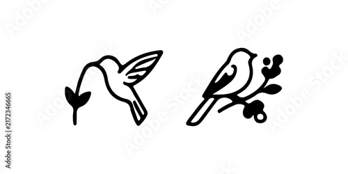 Black silhouette birds perched and flying with leaves