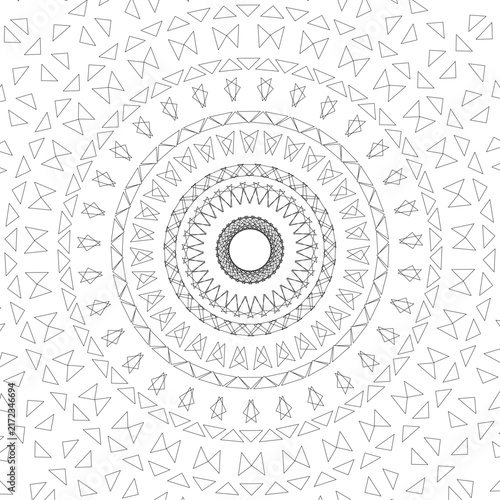 Round mandala with a triangular pattern motif in vector format. Black and white mandala pattern featuring a triangular optical illusion. Geometric mandala used as a coloring book and a decoration