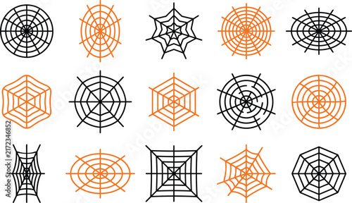 Set of various hand drawn spider web designs in black and orange isolated on a white background