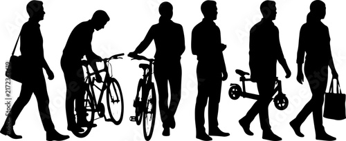 Silhouettes of people with bicycles and a scooter vector illustration