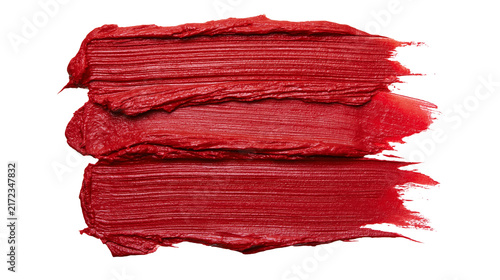 Foto Three textured red lipstick swatches, isolated on transparent background