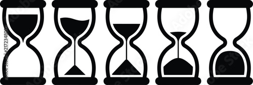 Hourglass time passing sequence silhouette icons showing sand timer stages with silhouette icon, black and white