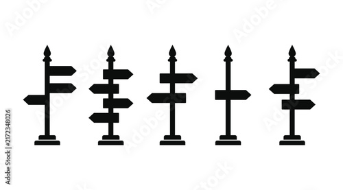 Directional signpost silhouette icons, wooden arrow road and location map.