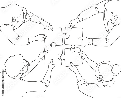 People assembling jigsaw puzzle pieces in a continuous line drawing style