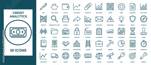 Comprehensive collection of fifty credit analytics business line icons for financial data and banking interface design