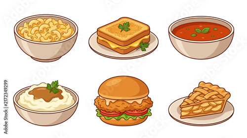 Collection of various comfort food dish illustrations set