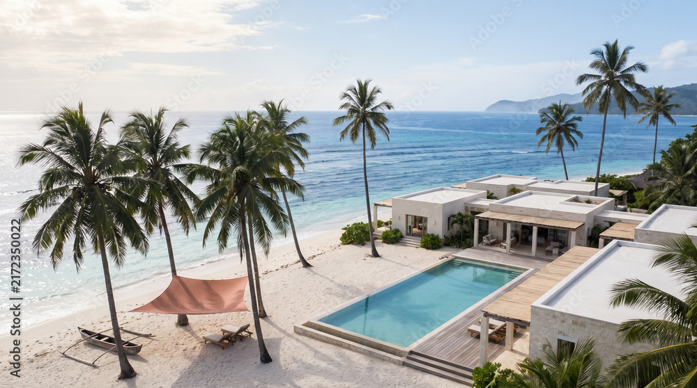Fototapeta premium Beach resort with palm trees and swimming pool by the ocean 