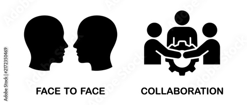 Black silhouette icons showing face to face communication and team collaboration concept with collaboration silhouette communication teamwork