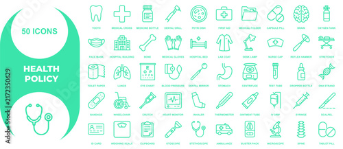 Group of fifty health policy icons for medical administration and clinical facility management design resources