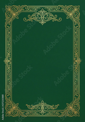 Vintage gold filigree frame on emerald green background. Luxury ornate border template with central copy space for certificate of appreciation, award diploma, and event invitation.