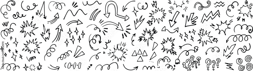 Fototapeta premium Hand Drawn Doodle Elements: A collection of whimsical hand-drawn doodles, including arrows, stars, swirls, and speech bubbles, offering a playful and creative element for design.
