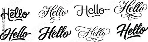 Collection of various artistic hello word designs in different calligraphy and hand lettering styles isolated on white