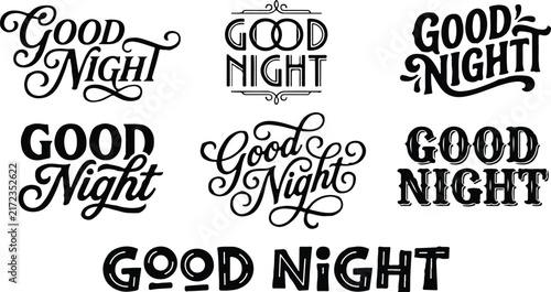 Collection of various artistic good night typography designs and hand lettering styles for greeting cards and posters