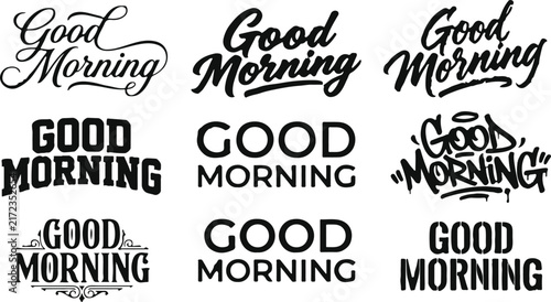 Collection of various good morning typography designs in different artistic styles for greeting cards and social media