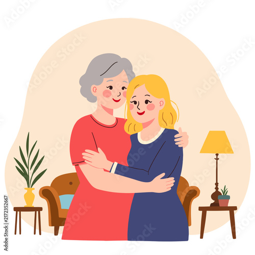 Elderly woman and young woman hugging in cozy living room. Elderly set  