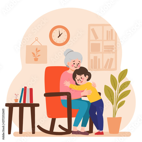 Grandmother and child hugging in a cozy living room setting. Elderly set  