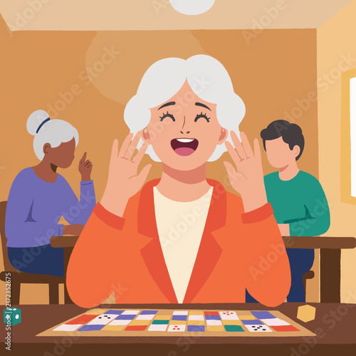 Elderly woman celebrating a win while playing a board game with friends. Elderly set  