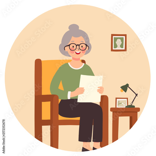 Elderly woman sitting in a chair reading a document at home. Elderly set  