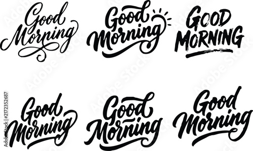 Set of six different hand written good morning calligraphy phrases for greeting cards and social media posts