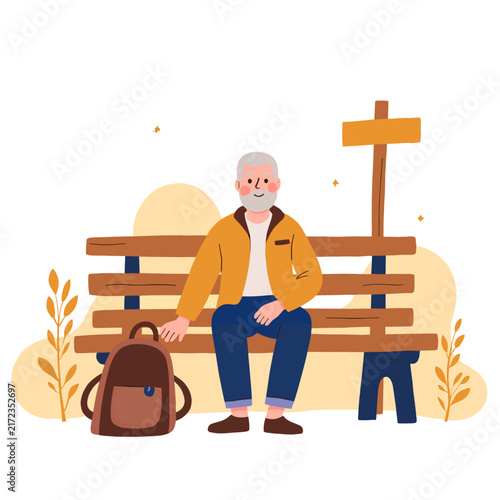 Older man seated on a park bench with a backpack in autumn. Elderly set  