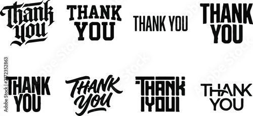 Collection of various thank you typography designs in different artistic lettering styles isolated on white background