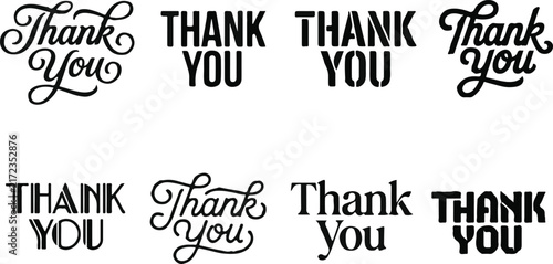 Collection of various thank you lettering styles and typography designs for cards and creative graphic projects