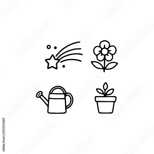 Flat gardening icons set with watering can and flowers