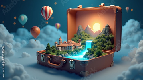 Conceptual 3D illustration of a miniature city and waterfall inside a vintage suitcase