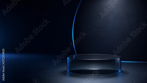 Dark glass product podium with blue neon light and copy space