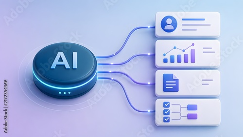 Obraz na płótnie AI button connected to panels displaying data charts. Concept of machine learning algorithm and automated data processing.