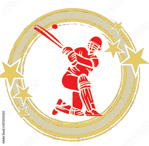 Red and gold cricket illustration featuring a batsman silhouette framed in a starry circular badge. A bold cricket illustration for cricut project merchandise.