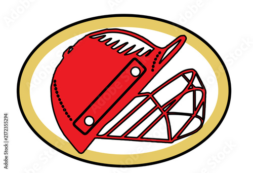 Red and golden cricket illustration featuring a batting helmet centered inside an oval frame. A playful cricket design perfect for t-shirt and hoodie merchandise.