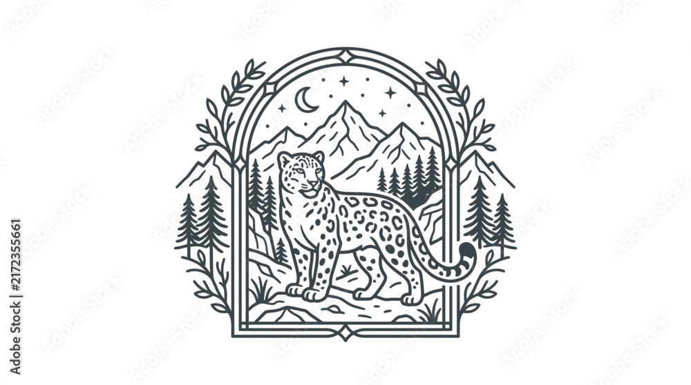 Fototapeta premium Snow Leopard Emblem Illustration, Mountain Landscape Silhouette, Vintage Style