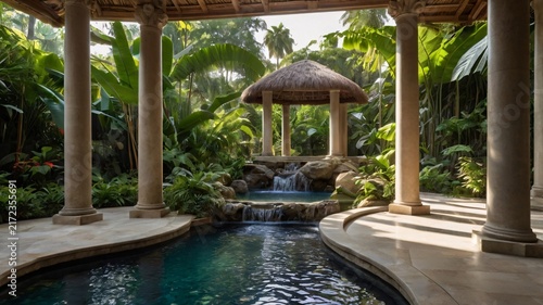 Tropical Paradise Oasis Luxurious Resort Pool with Lush Greenery and Waterfall
